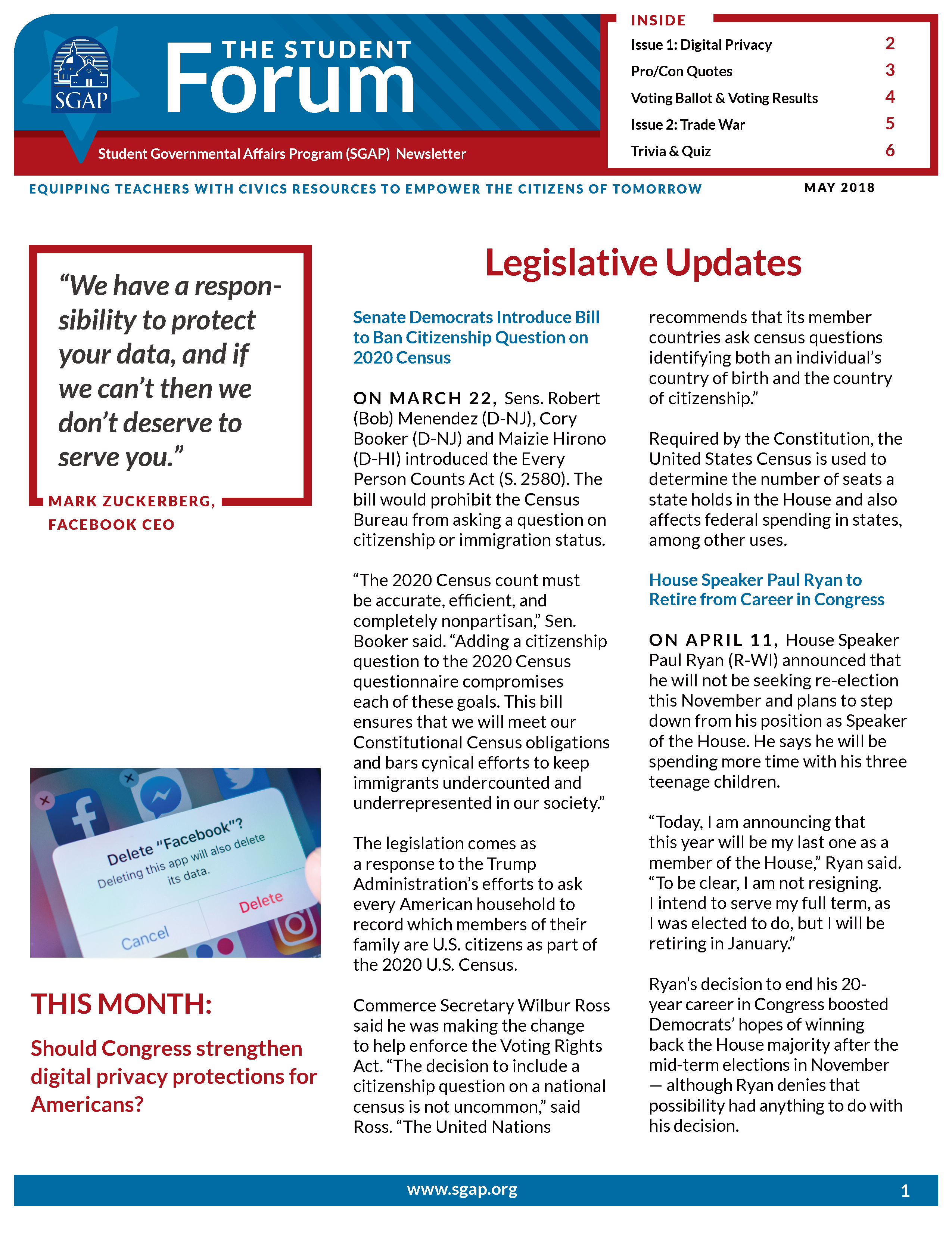 Student Forum Newsletter – May 2018 (Digital Privacy & Trade War)