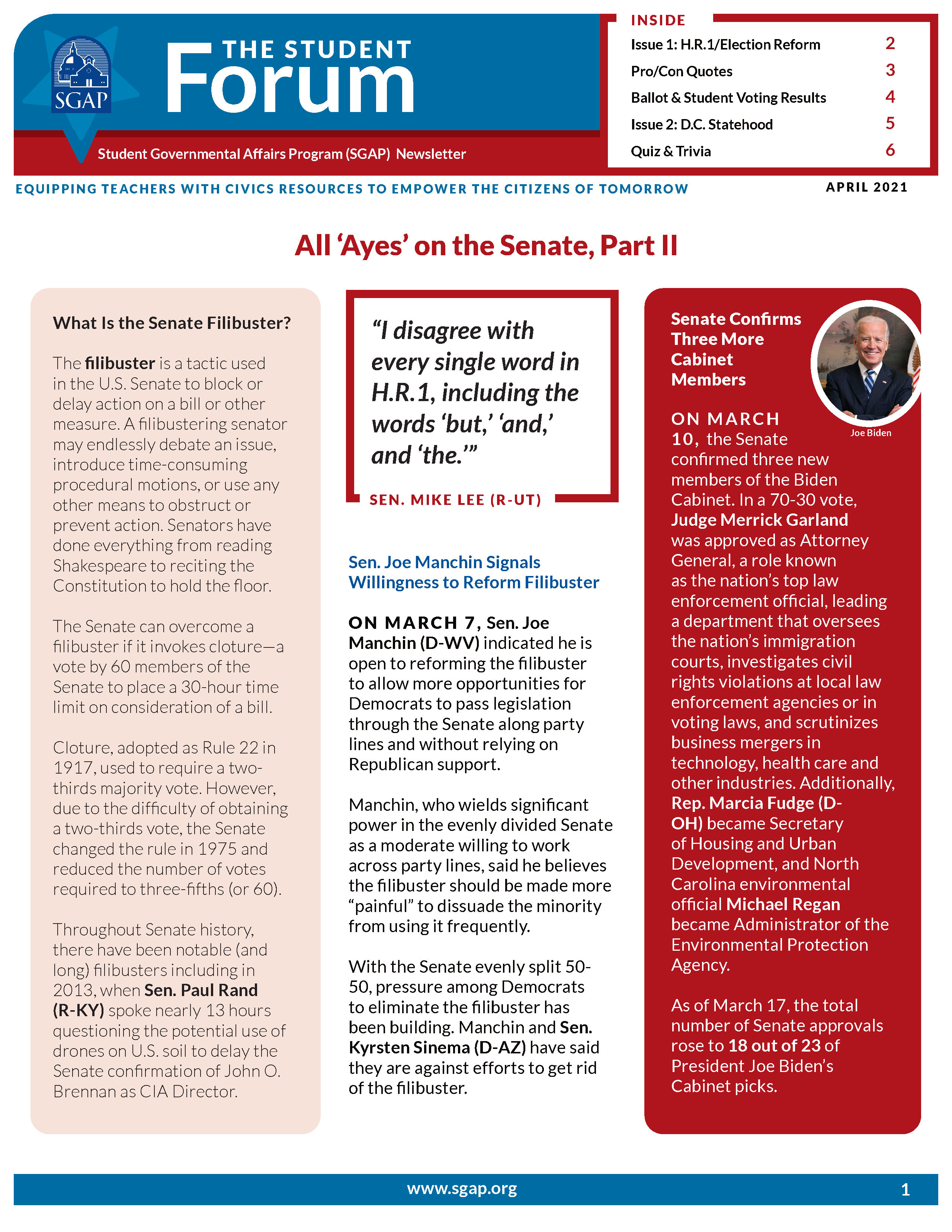 Student Forum Newsletter for April 2021 (H.R.1 and DC Statehood)
