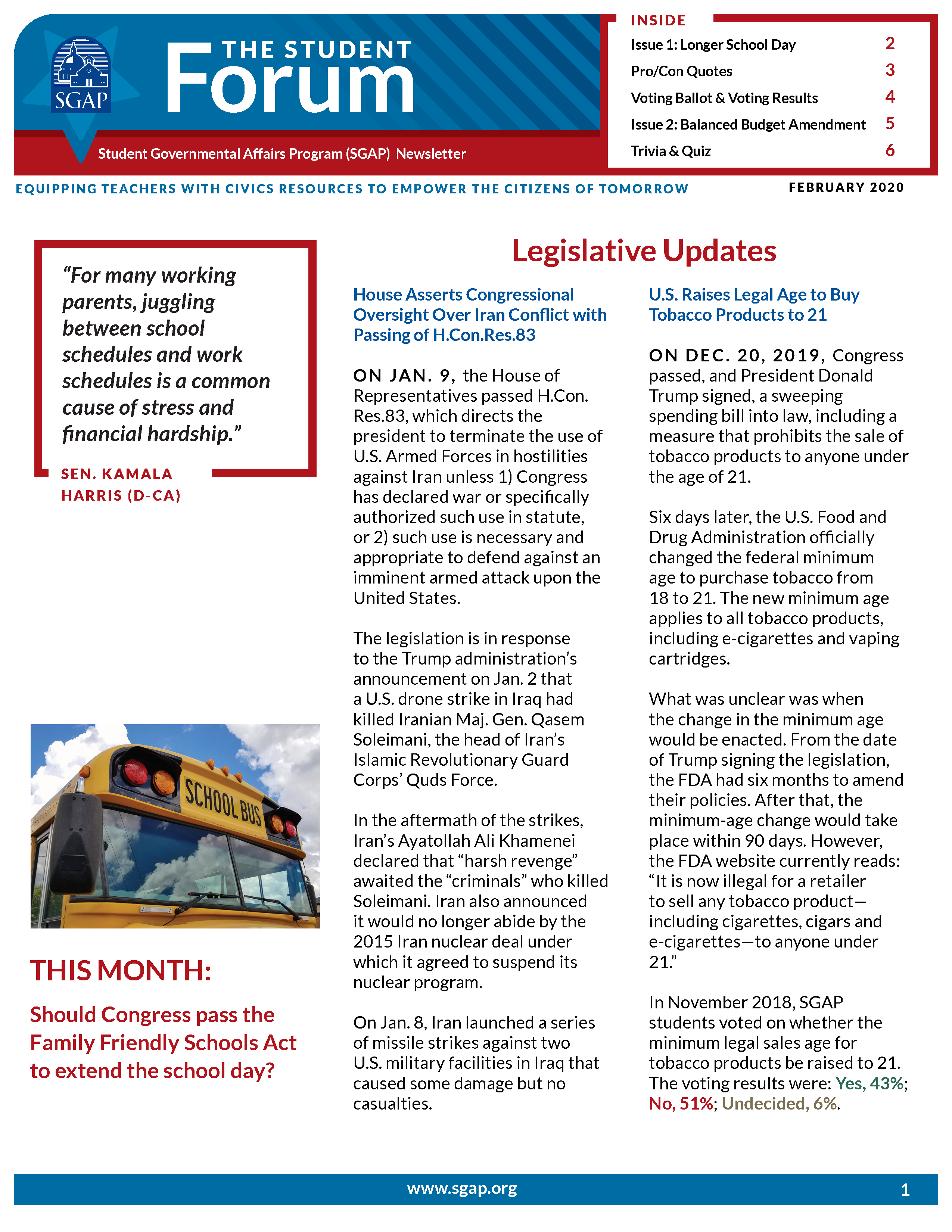 Student Forum Newsletter – February 2020 (Longer School Day and Balanced Budget Amendment)