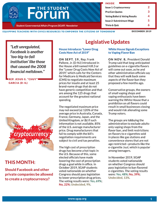 Student Forum Newsletter – December 2019 (Cryptocurrency and Subminimum Wage)