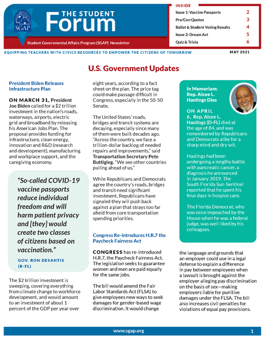 Student Forum Newsletter – May 2021 (Vaccine Passports & Dream Act)
