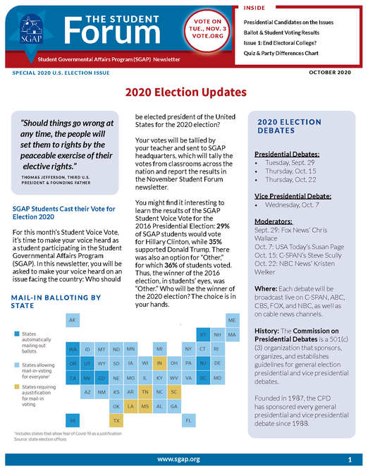 Student Forum Newsletter – October 2020 (Electoral College and 2020 Election)