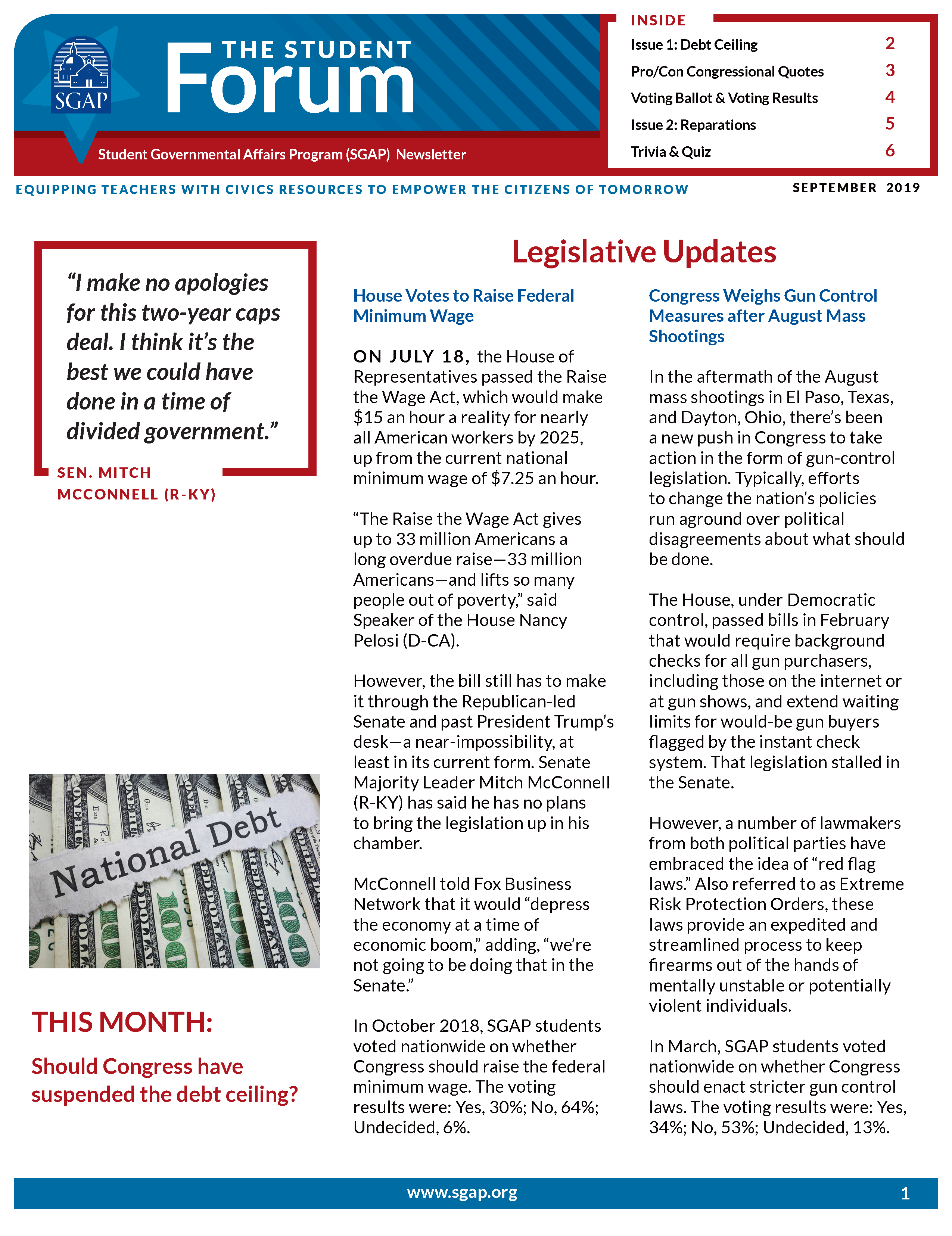 Student Forum Newsletter – September 2019 (Debt Ceiling and Reparations)