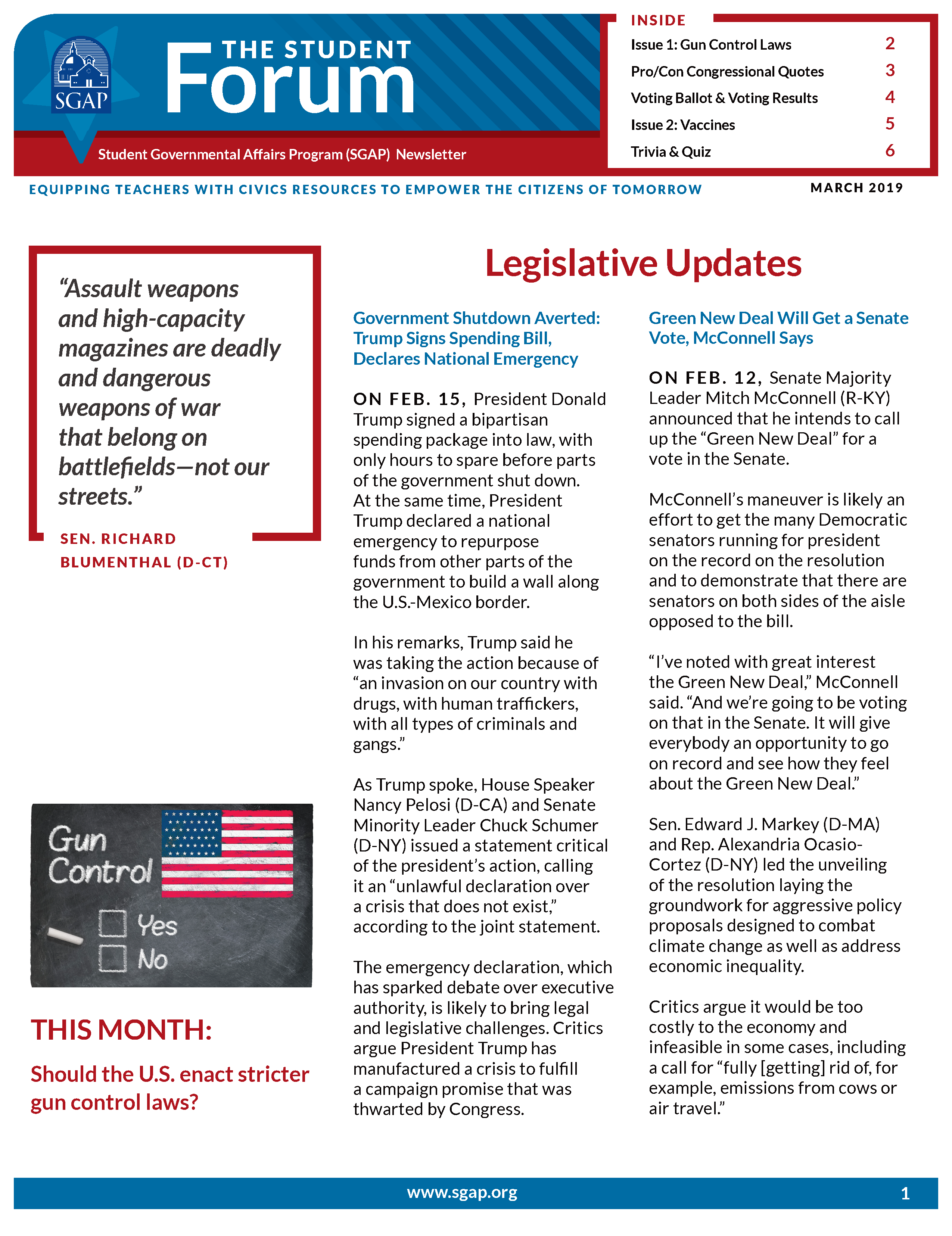 Student Forum Newsletter – March 2019 (Gun Control Laws and Vaccines)