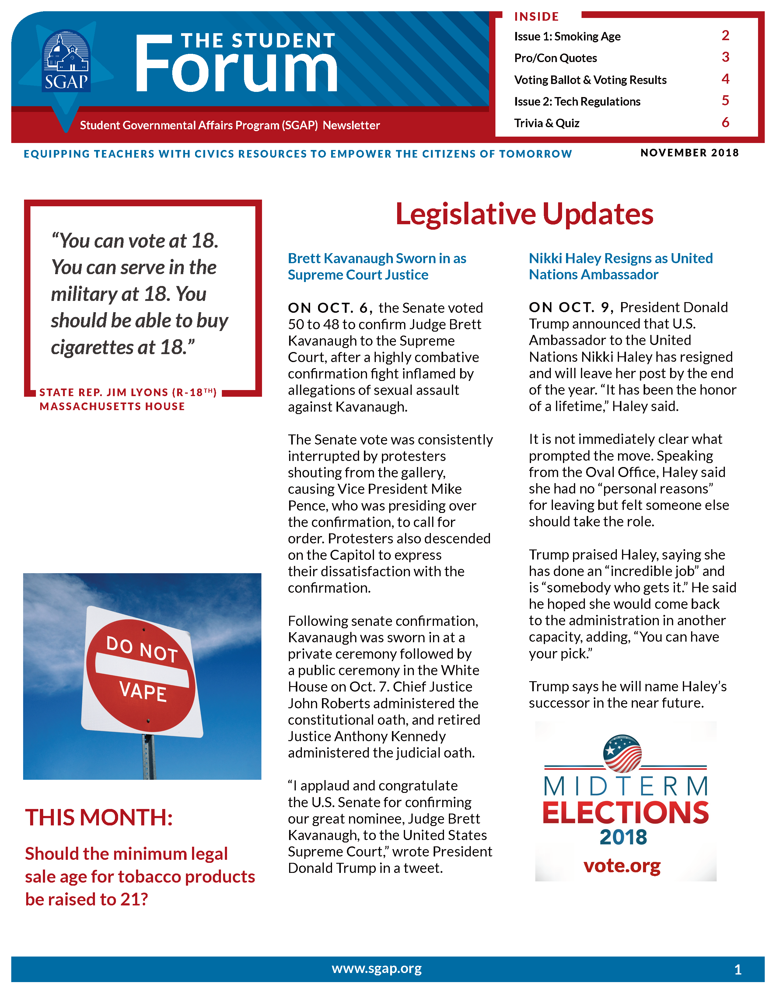 Student Forum Newsletter – November 2018 (Smoking Age and Tech Regulations)