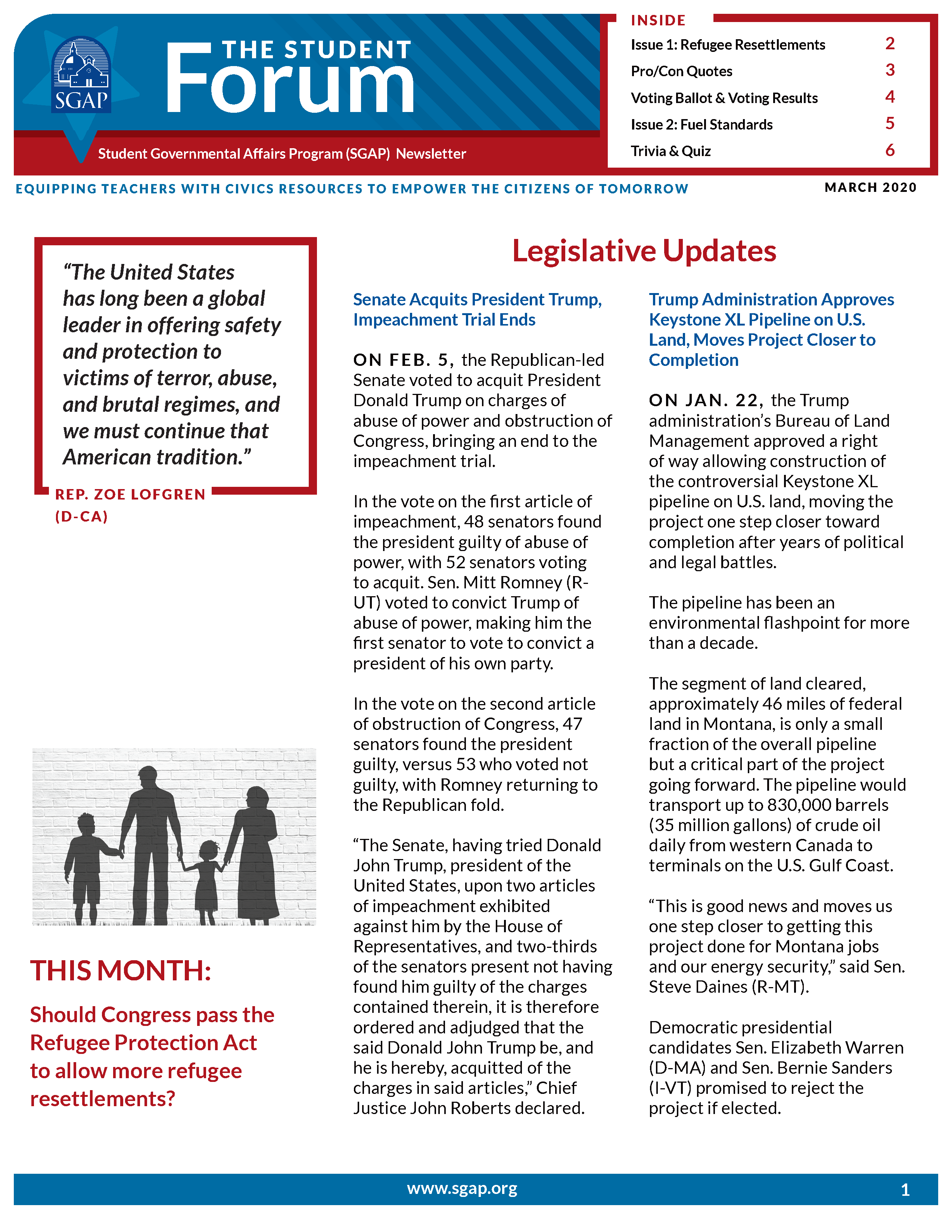 Student Forum Newsletter – March 2020 (Refugees and Fuel Standards)