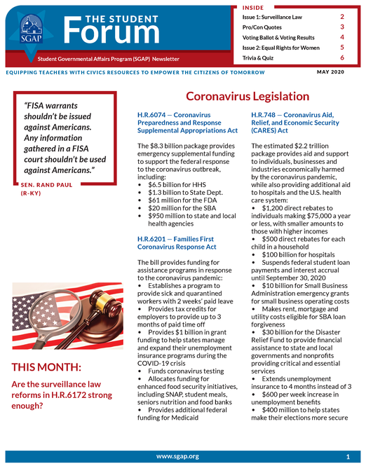 Student Forum Newsletter – May 2020 (surveillance law and Equal Rights Amendment)