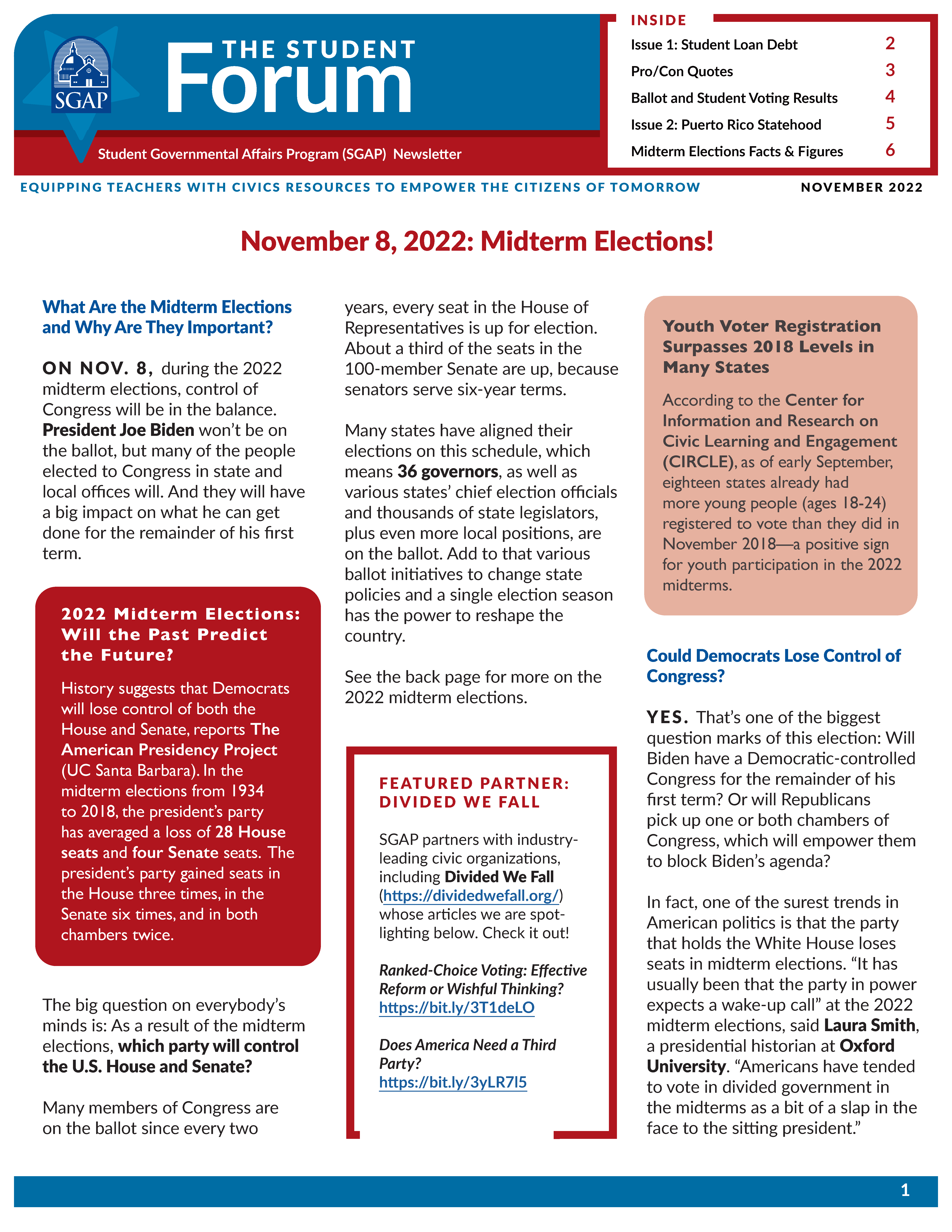 SGAP Newsletter for November 2022 (Student Loan Debt + Puerto Rico Statehood)