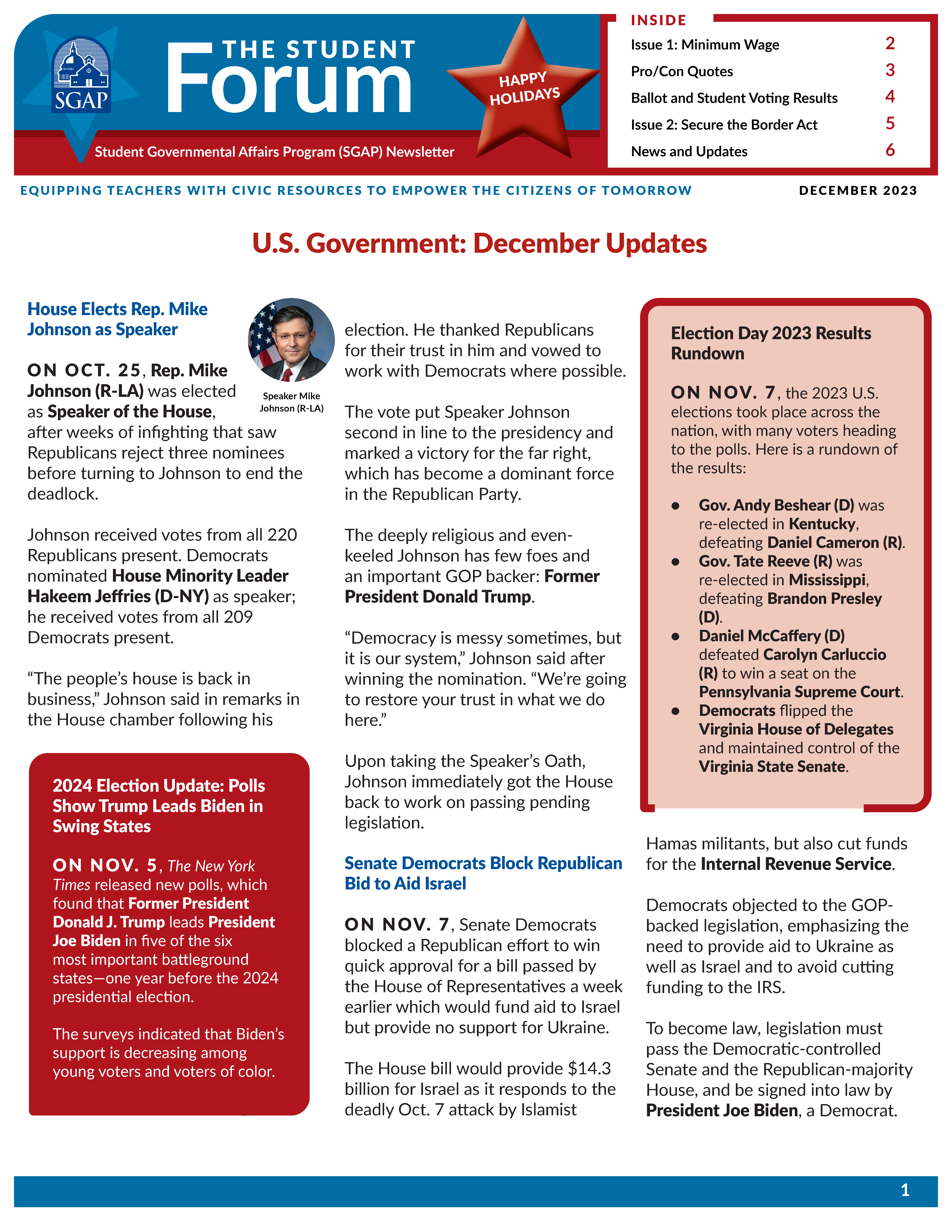 SGAP Newsletter for December 2023 (Minimum Wage + Secure the Border Act)